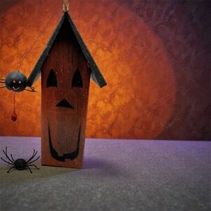 Vintage Pumpkin Bird House Hand Made Halloween Spider On Wire 8x2.5 Primitive